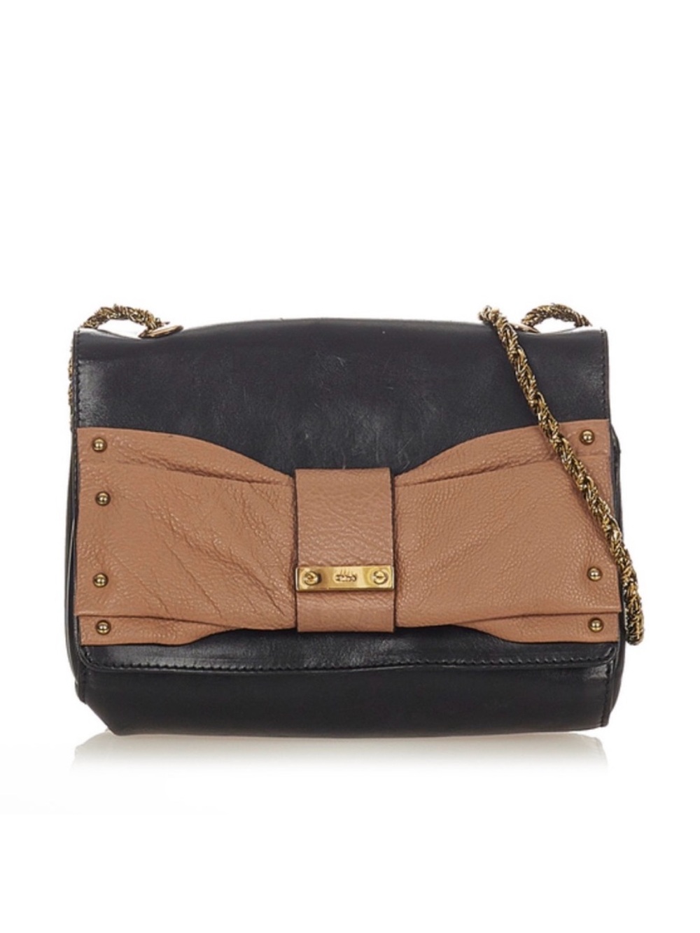 Chloe June Black Leather Shoulder Bag with Tan Bow Detail
